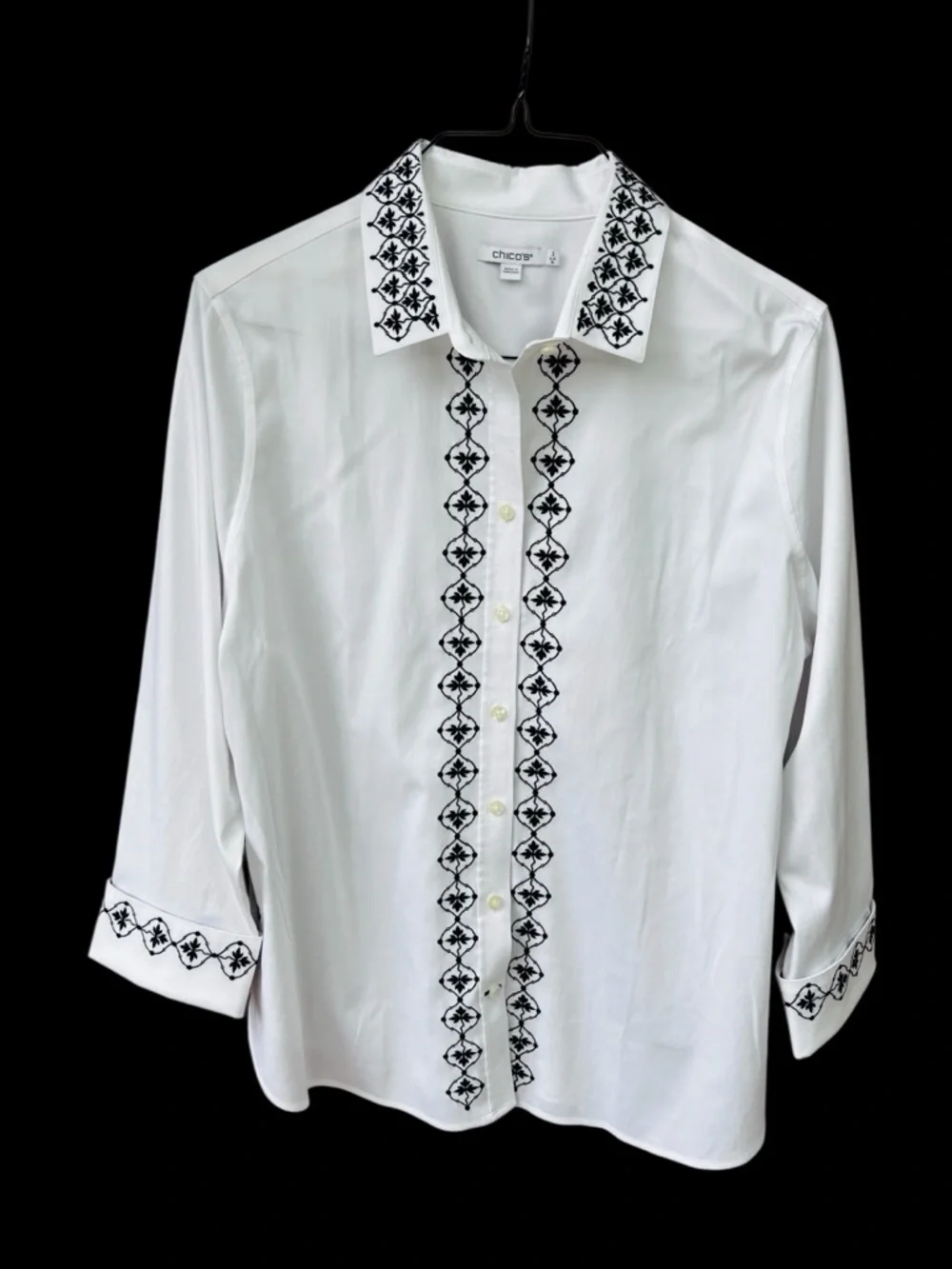 Chicos Size 3 Button down wrinkle free white shirt black embroidery 16 plus BOHO - Picture 5 of 6